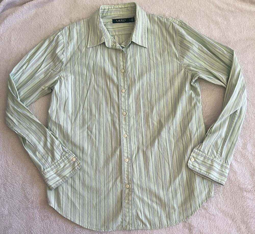 Lauren Ralph Lauren Long Sleeve Button-Down Shirt Size L Green Striped